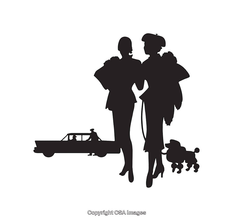 Silhouette Illustration of Elegantly Dressed Women with Poodle and Vintage Car