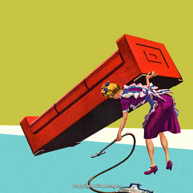 Retro Illustration of a Woman Lifting a Large Couch While Cleaning