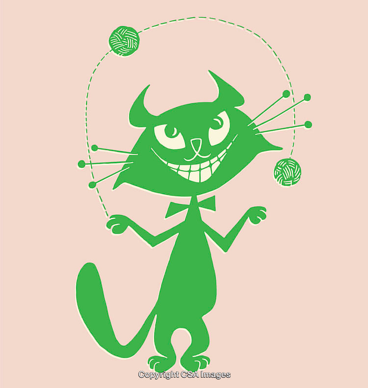 Green Cat Illustration Juggling Yarn Balls in Line Art Style