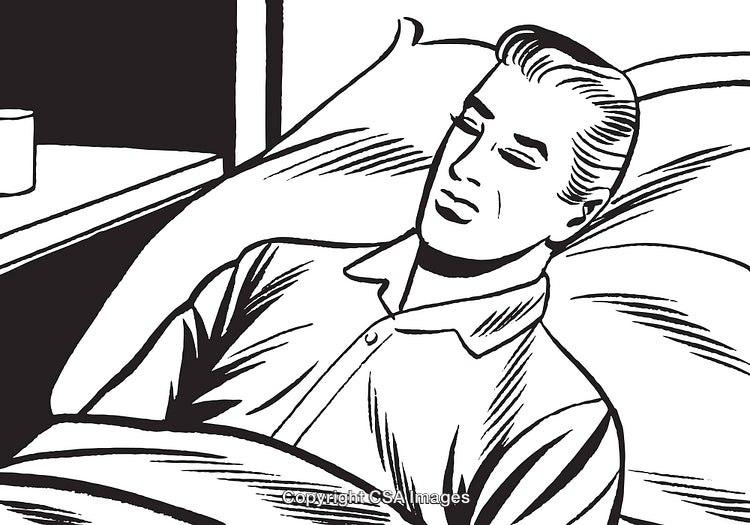 Retro Black and White Illustration of Relaxing Man Lying in Bed