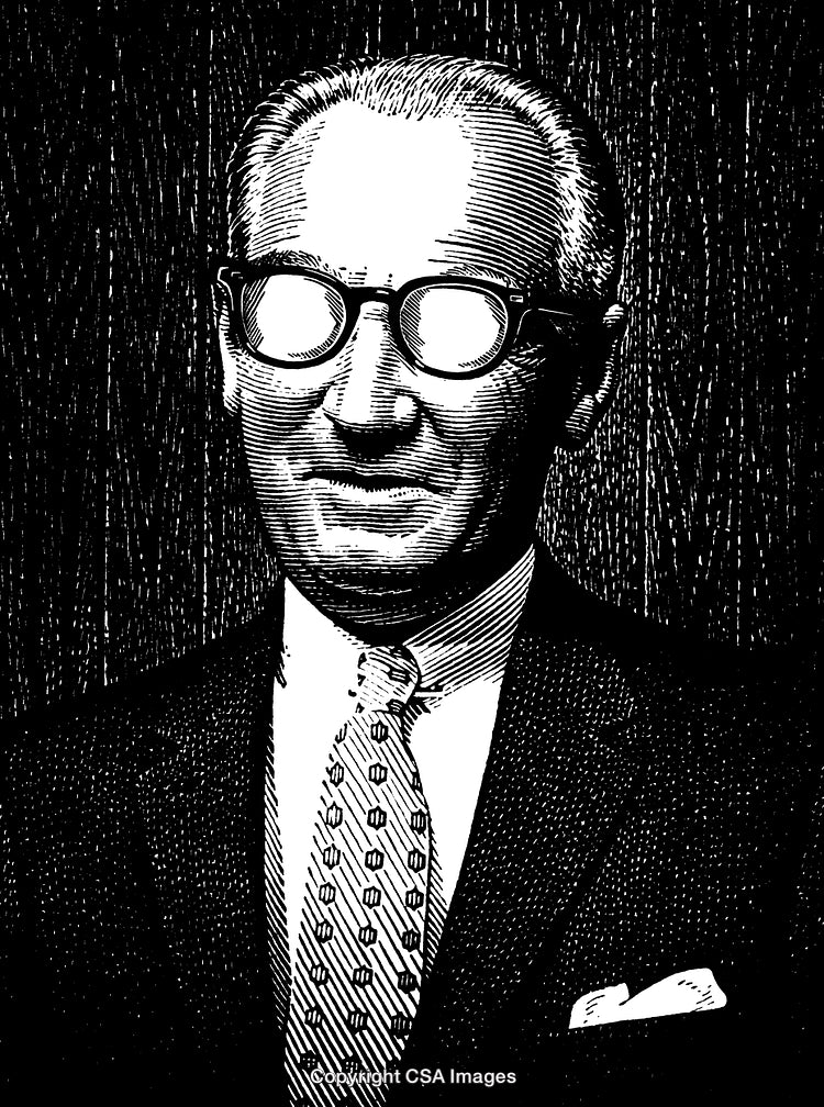 Vintage Portrait Illustration of Man in Suit and Glasses in Engraving Style
