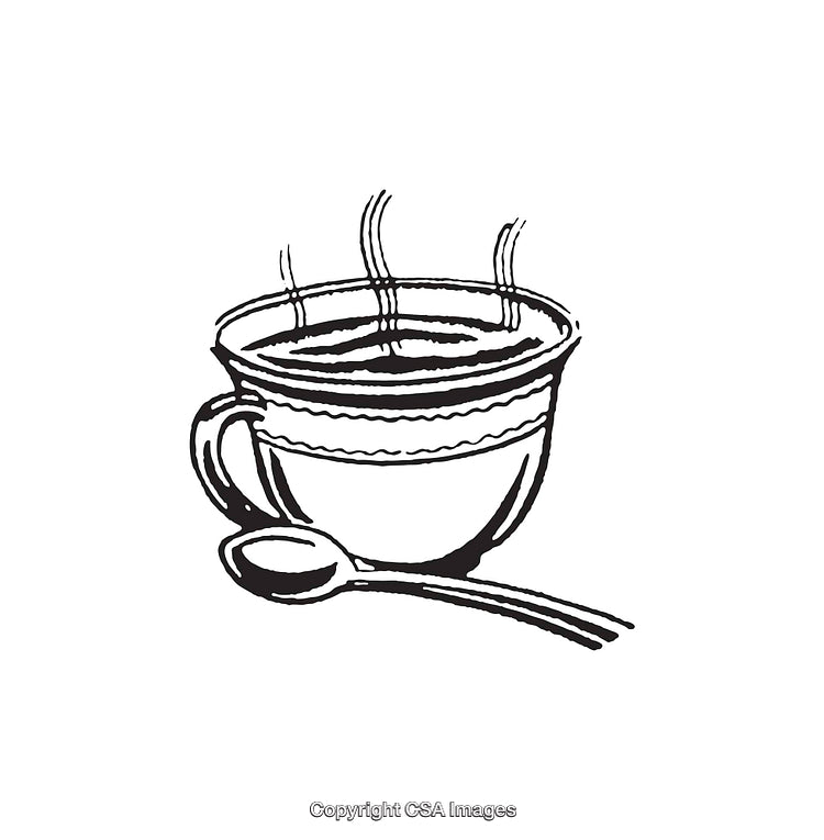 Black and White Line Art of a Steaming Cup with Spoon