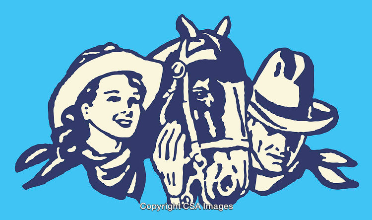 Western Style Line Art Illustration Featuring Cowboy, Cowgirl, and Horse