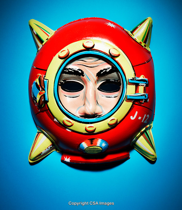 Colorful Decorative Mask of a Rocketman Helmet Against a Blue Background