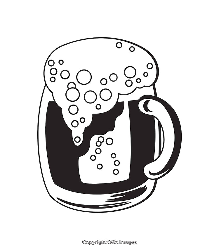 Illustrated Black and White Beer Mug with Bubbles and Foam, Line Art Style
