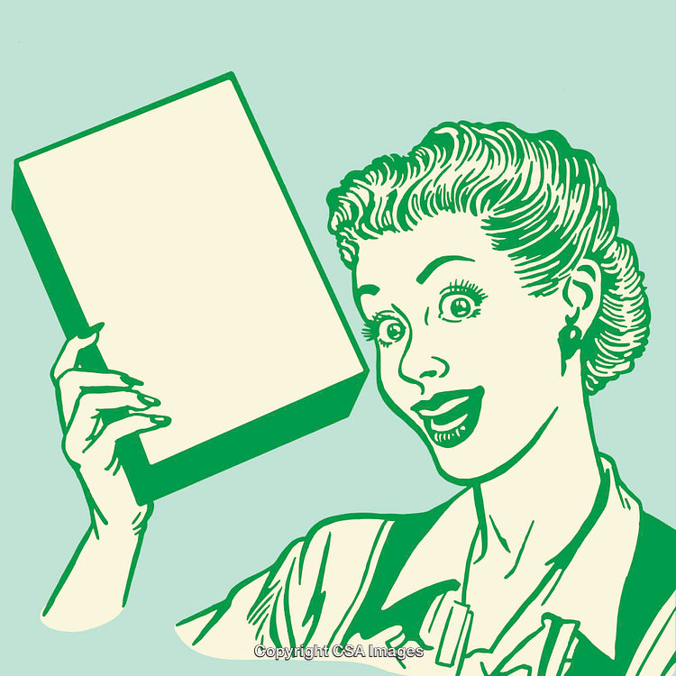 Retro Style Illustration of a Smiling Woman Holding a Blank Box