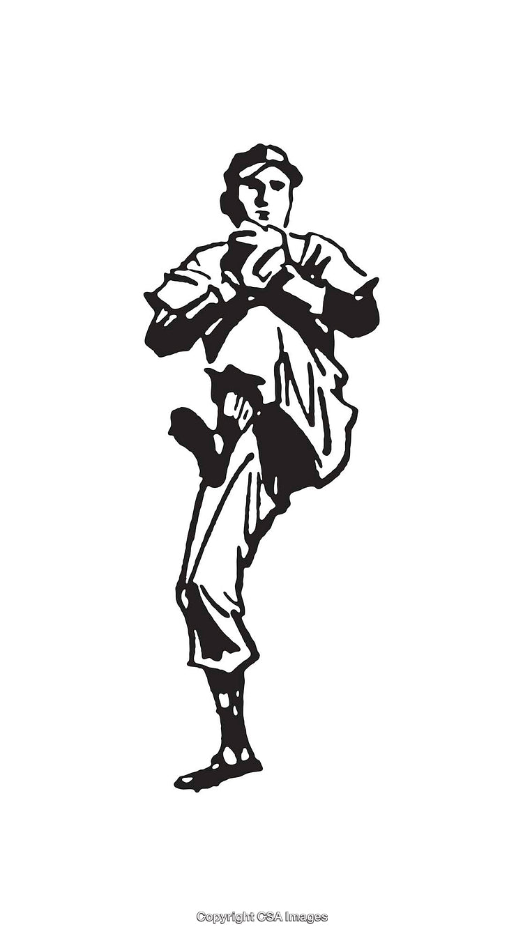 Black and White Line Art of a Baseball Pitcher in Action