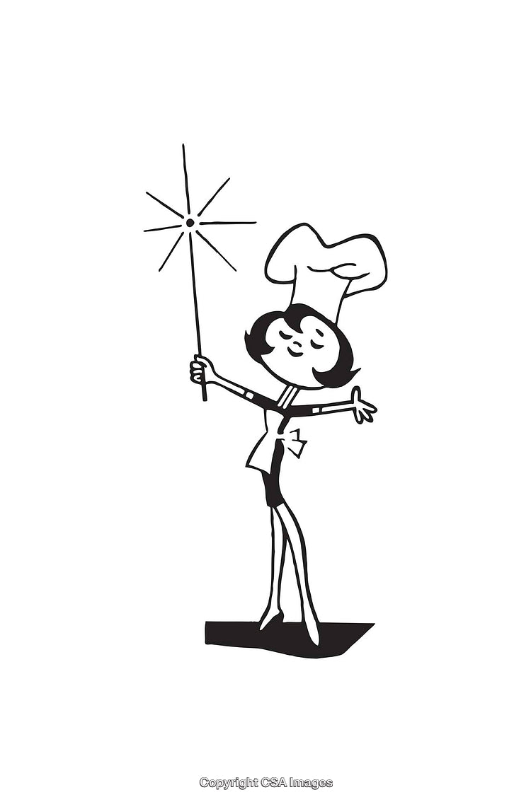 Black And White Illustration of a Cheerful Chef With a Sparkling Wand