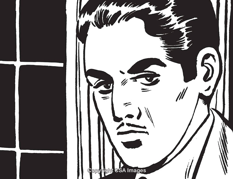 Black and White Illustration of a Man with Retro Style Features
