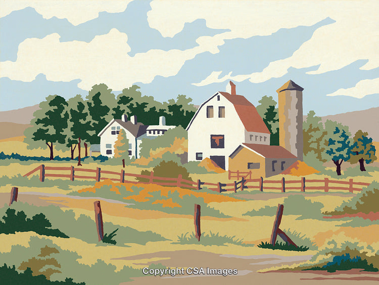 Charming Countryside Landscape Featuring Farmhouse with Surrounding Nature and Open Fields