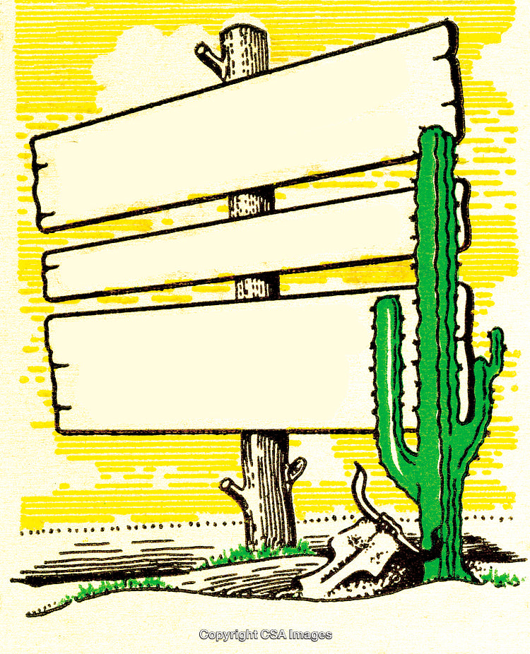 Rustic Wooden Signpost With Cactus Illustration in Desert Setting