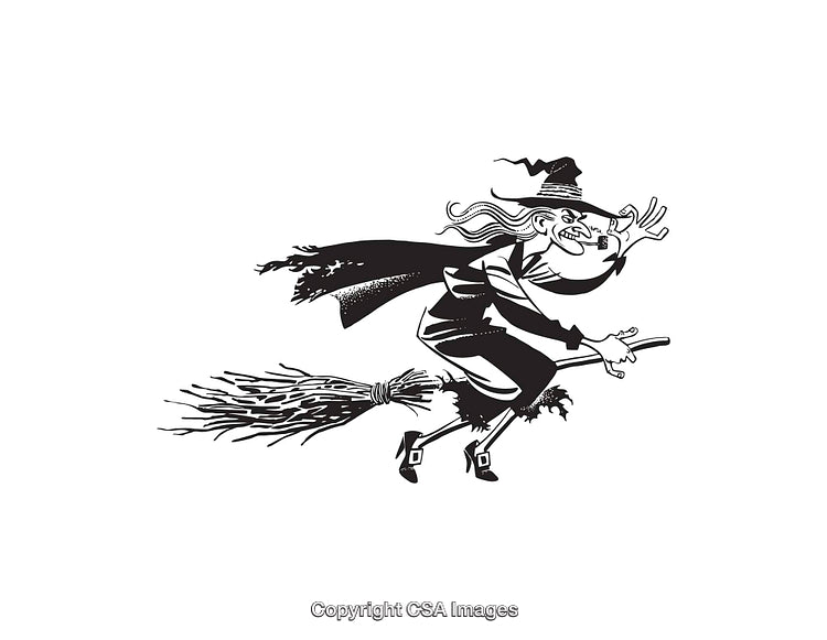 Classic Black and White Witch Illustration Flying on a Broomstick