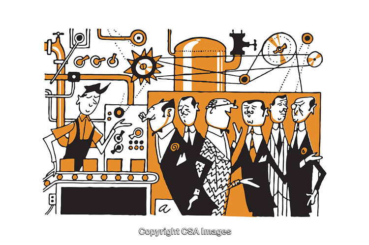 Creative Illustration of a Machine Workflow with Business Professionals