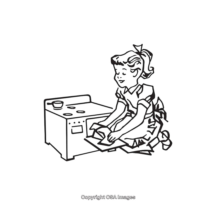 Black and White Line Art of a Girl Using a Toy Oven