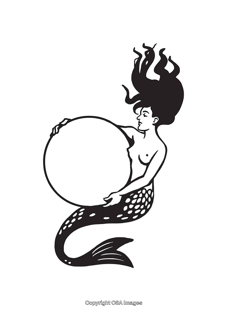 Black and White Mermaid Line Art with Abstract Composition