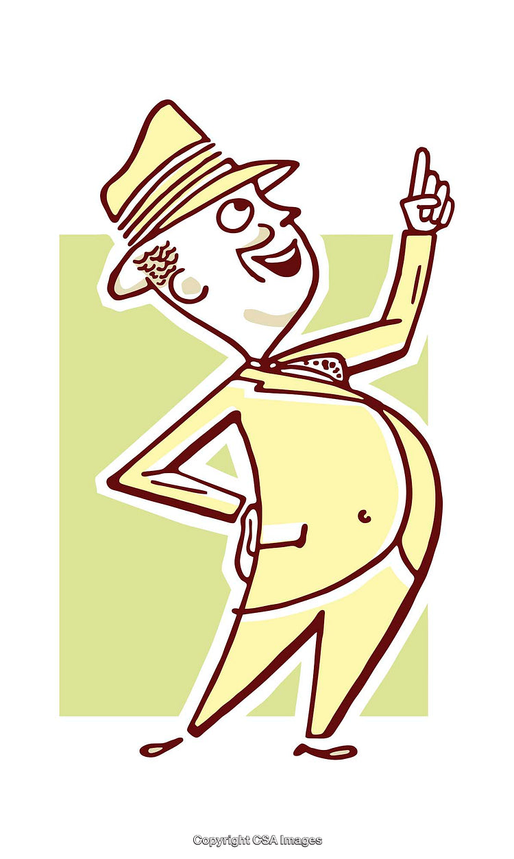 Cartoon Illustration of a Jovial Man Pointing Upwards