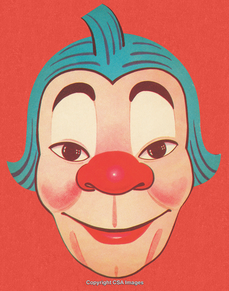 Colorful Cartoon Clown Mask Illustration with Red Nose and Cheerful Expression