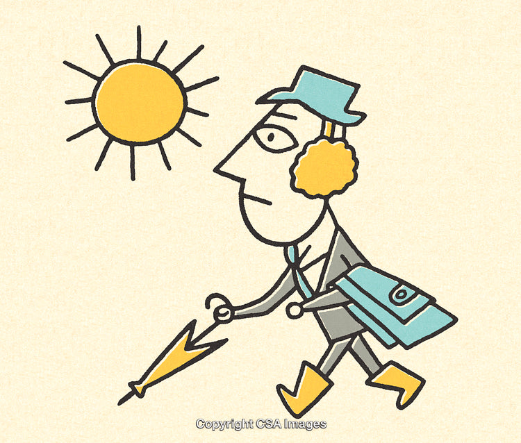 Cartoon Man Walking Outdoors with Hat and Umbrella Under Sunny Sky
