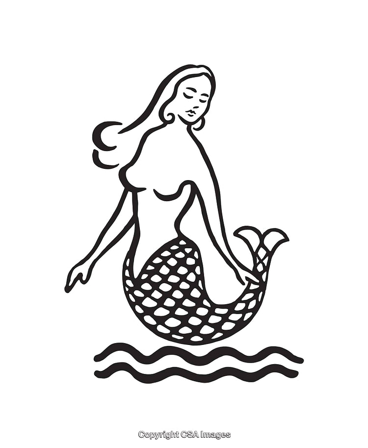 Black And White Line Art Illustration of a Graceful Mermaid