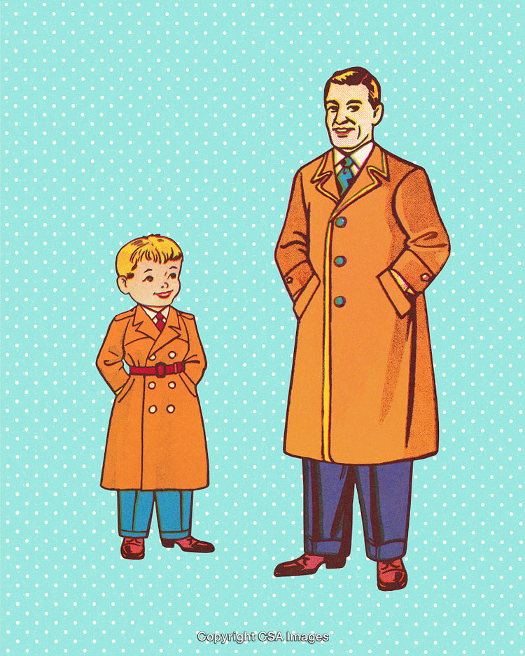 Father and Son Standing Together in Matching Orange Coats on Aqua Background