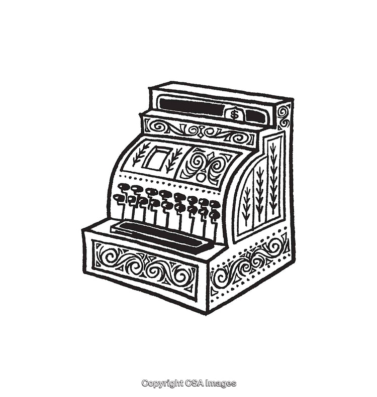 Vintage Ornate Cash Register Black and White Line Art Illustration