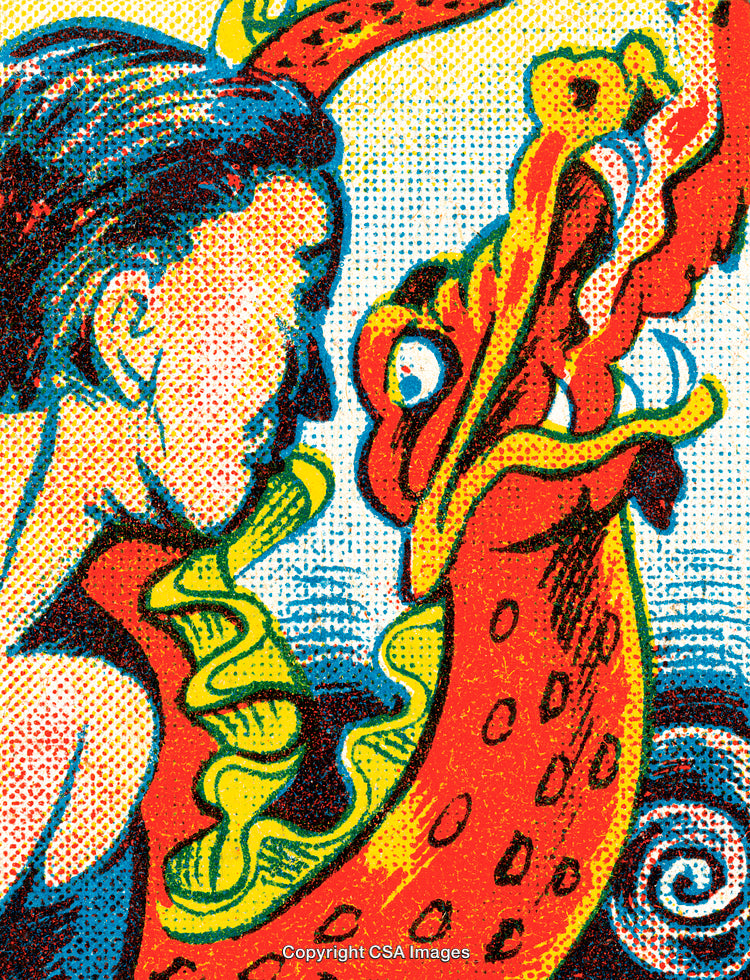 Colorful Stylized Illustration of a Dragon and Person Facing Each Other