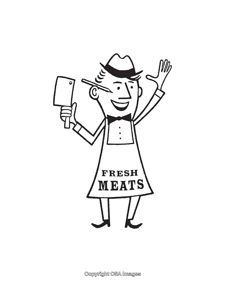 Retro Line-Art Illustration of a Friendly Butcher Holding a Cleaver