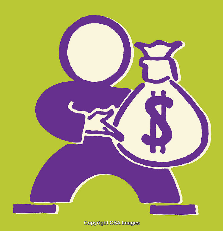 Colorful Line Art Illustration of Character Holding Money Bag with Dollar Symbol