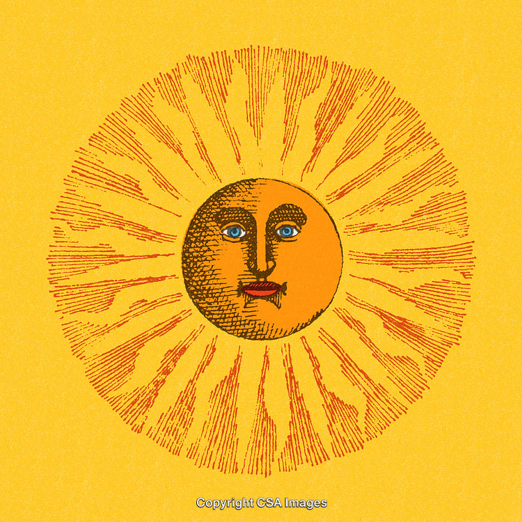 Vintage Artistic Representation of Sun with Rays in Vibrant Yellow Tones