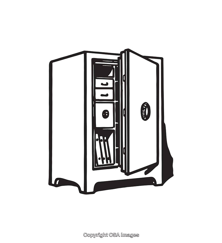 Black and White Illustration of an Open Safe Containing Documents and Drawers