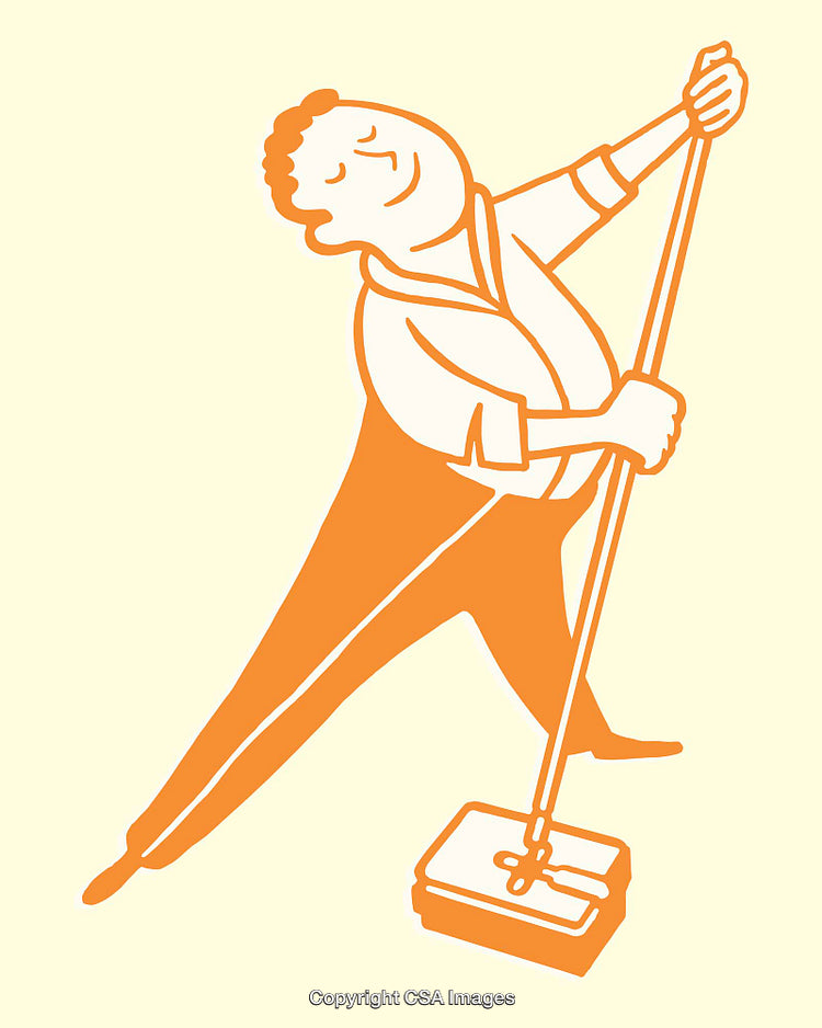 Man Enjoying Floor Cleaning in Minimalist Line Art Illustration