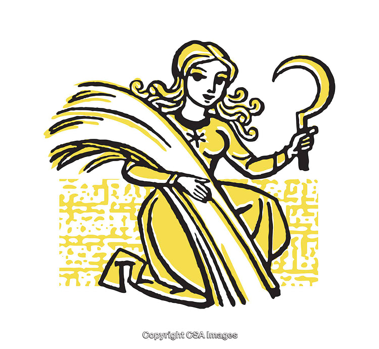Illustration of a Female Farmer Holding a Sickle in a Harvest Scene