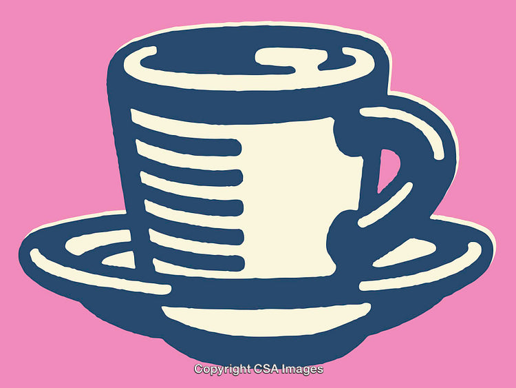 Colorful Line Art Illustration of a Cup and Saucer on Pink Background