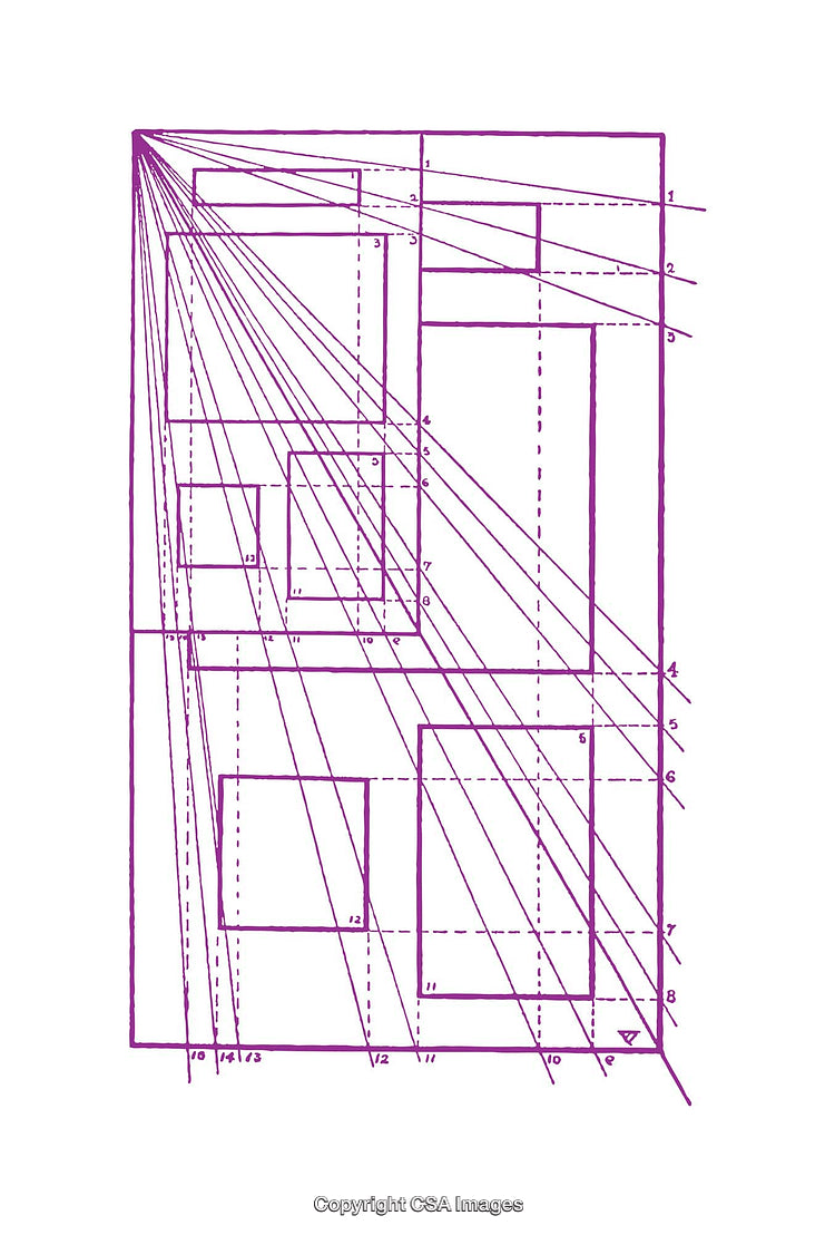 Geometric Diagram Featuring Perspective and Proportional Relationships in Purple Lines