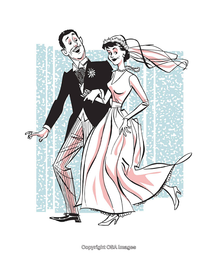 Vintage Style Illustration of a Cheerful Wedding Couple Walking Happily