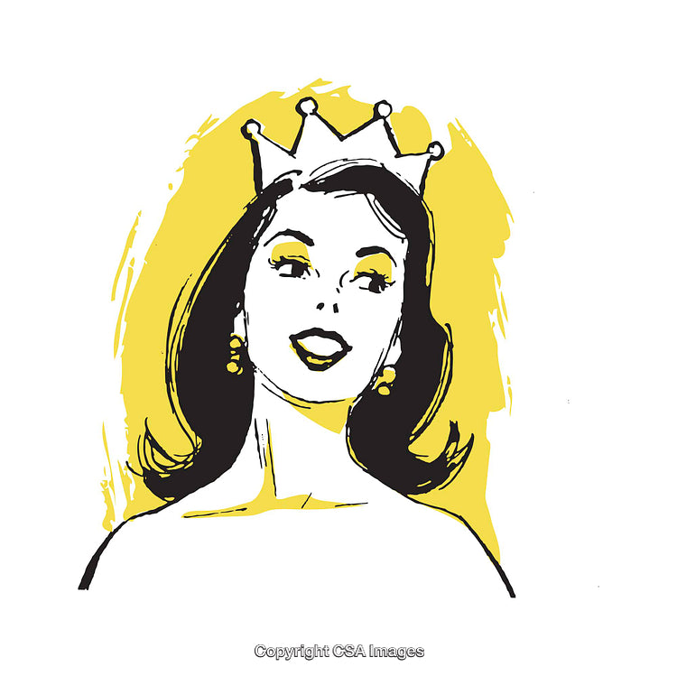 Retro Style Illustration of a Woman Wearing a Crown on Yellow Background