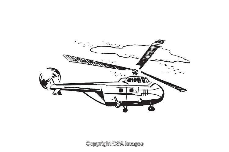 Detailed Black and White Line Art Helicopter Illustration