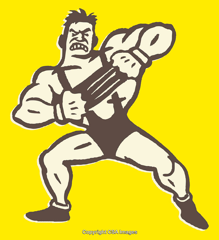 Strongman Flexing Muscles in Bold Yellow and Brown Cartoon Style