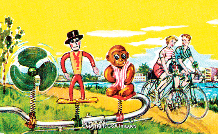 Vintage Illustration of Bicyclists with Decorative Toys on a Bicycle Handle