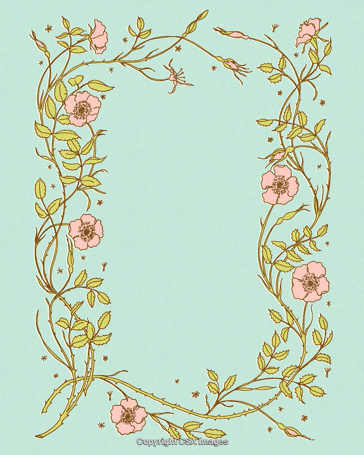 Elegant Floral Frame Design with Delicate Pink Flowers and Leaves on Teal Background