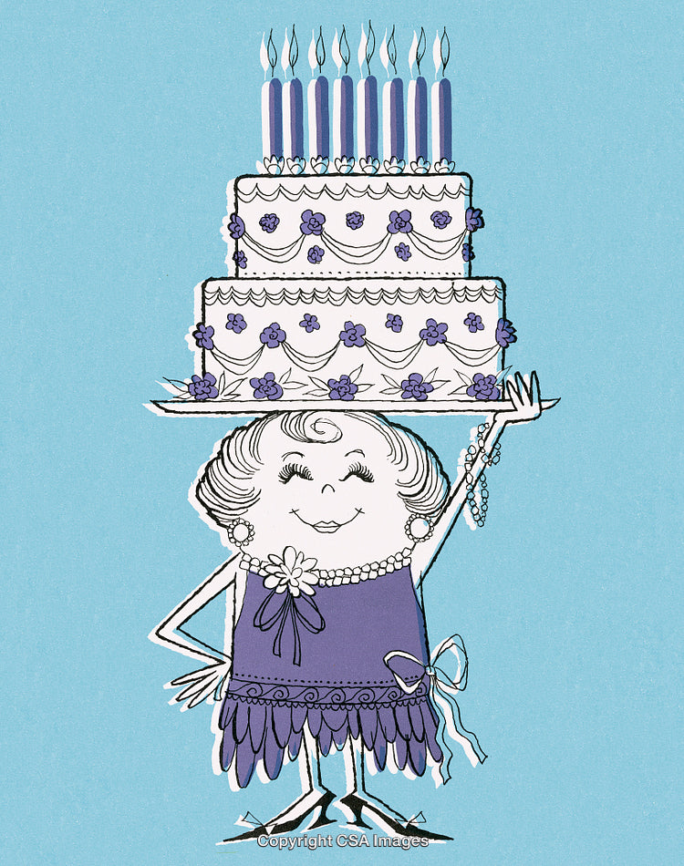 Charming Elderly Woman Holding a Birthday Cake with Candles on Her Head