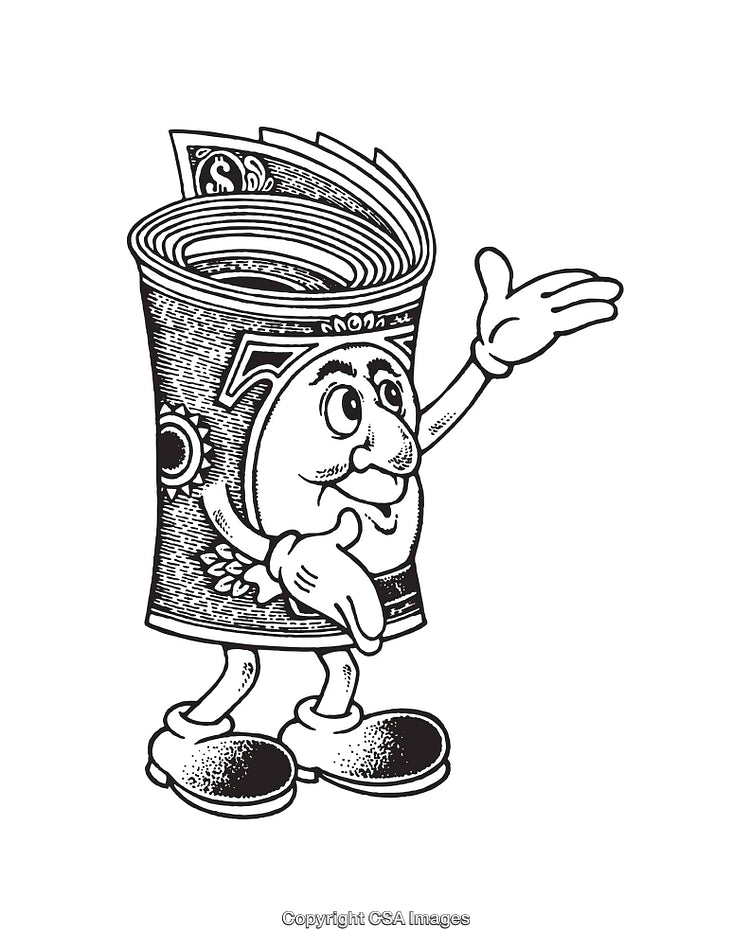 Creative Black and White Illustration of Anthropomorphic Dollar Bill Character