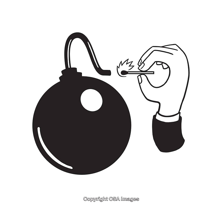 Black And White Illustration of a Hand Lighting a Bomb with a Match