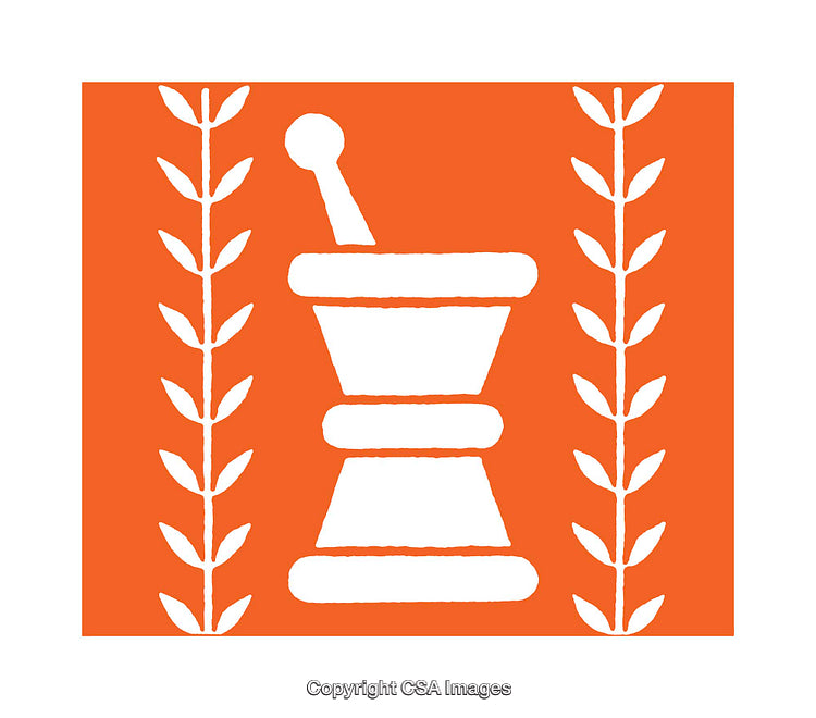 White Mortar and Pestle Icon on Orange Background with Herb Motifs