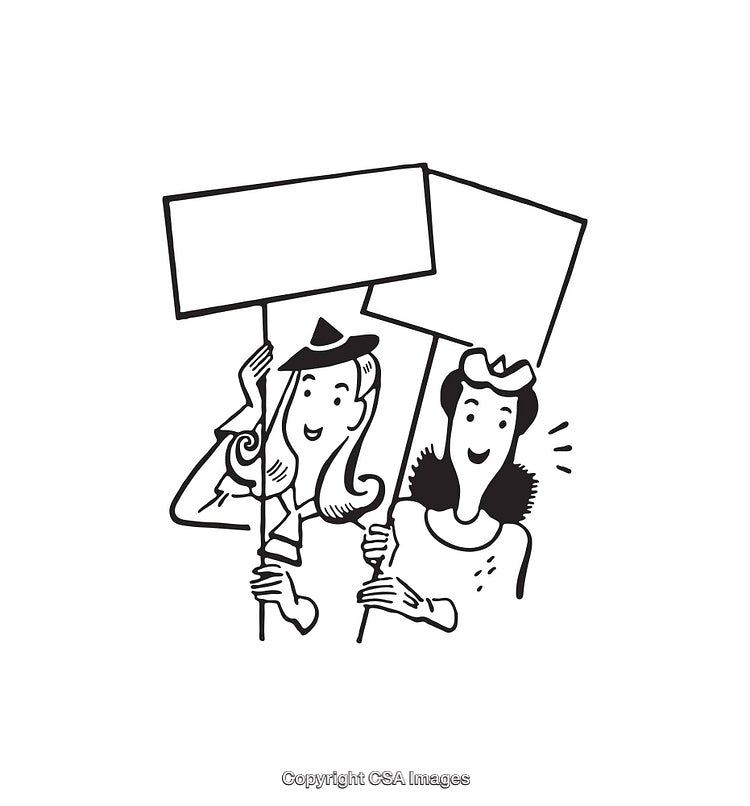 Retro Style Illustration of Two Women Holding Blank Sign Boards