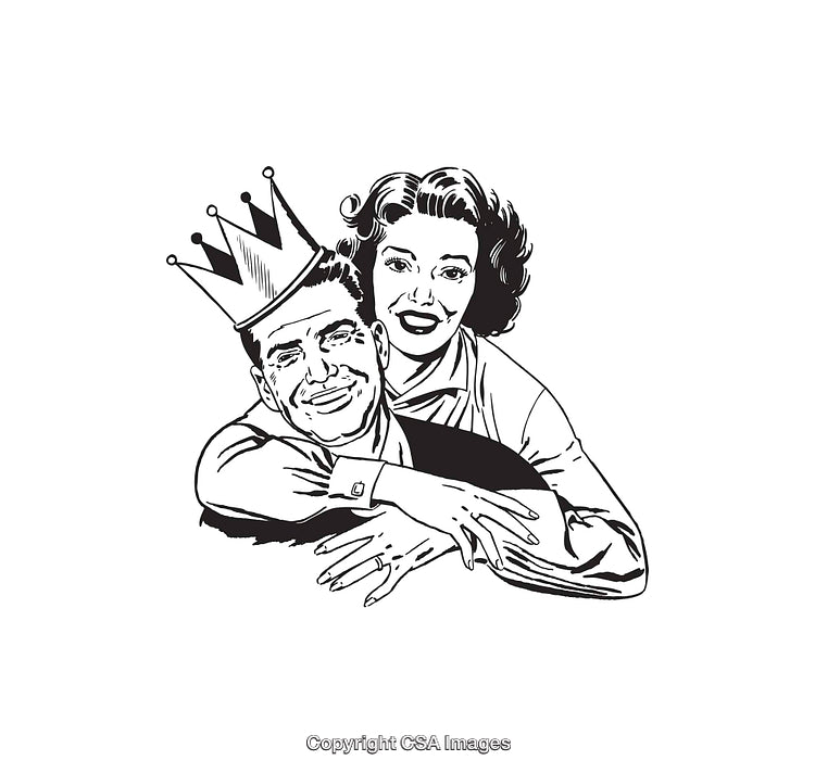 Retro Style Illustration of Couple with Crown Embracing in Black and White