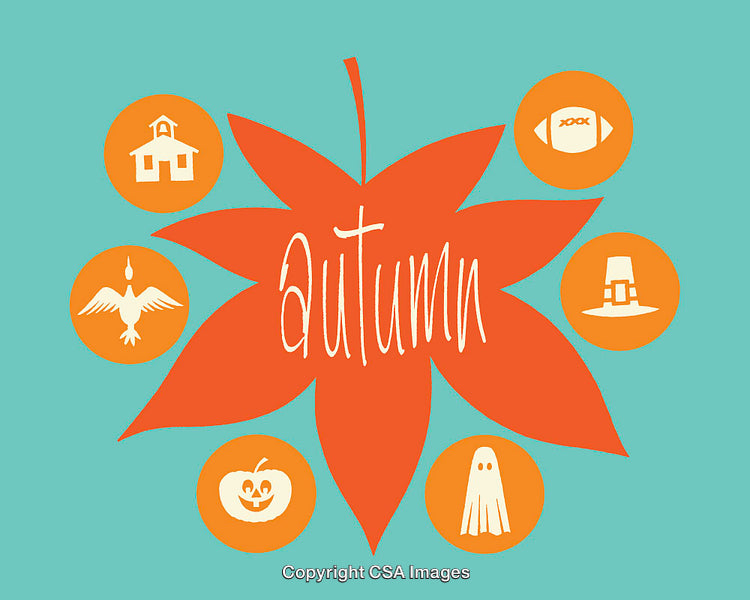 Autumn Leaf Design with Seasonal Symbols in Color Line Art