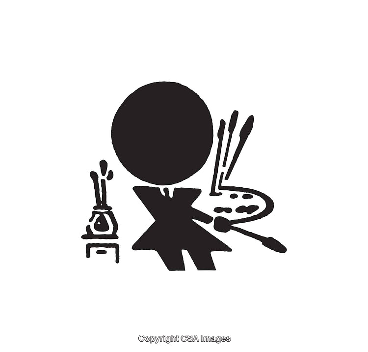 Black and White Illustration of an Artist with Paint Tools