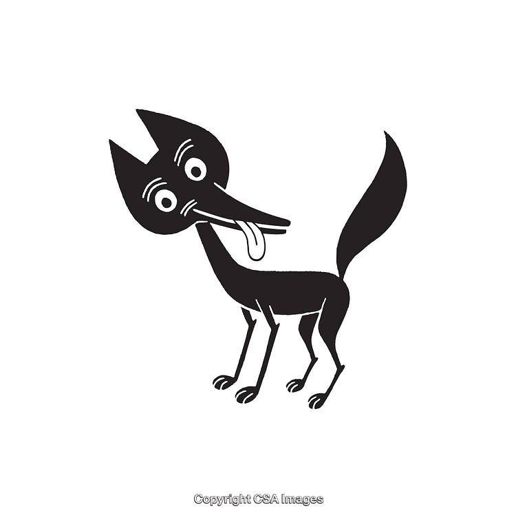 Quirky Black and White Illustration of a Playful Cartoon Dog