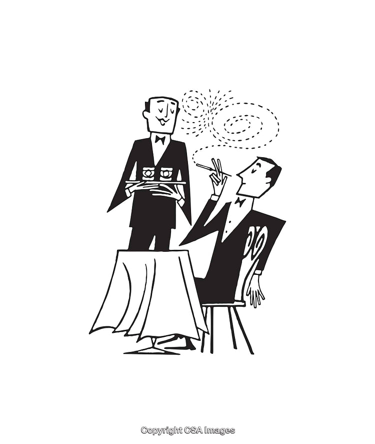 Elegant Dining Scene Featuring Waiter and Smoking Patron in Line Art Illustration
